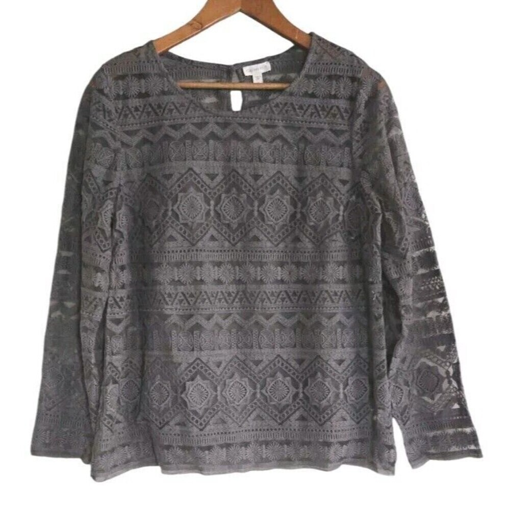 Garnet Hill Blouse Women's M Gray Sheer Lace Crochet Overlay Geometric Design